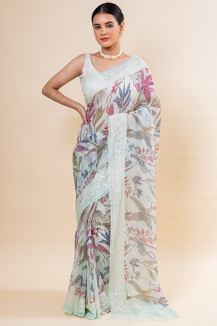 Light Grey Georgette Floral Printed Saree Set by Taba Kashi By Artika Shah