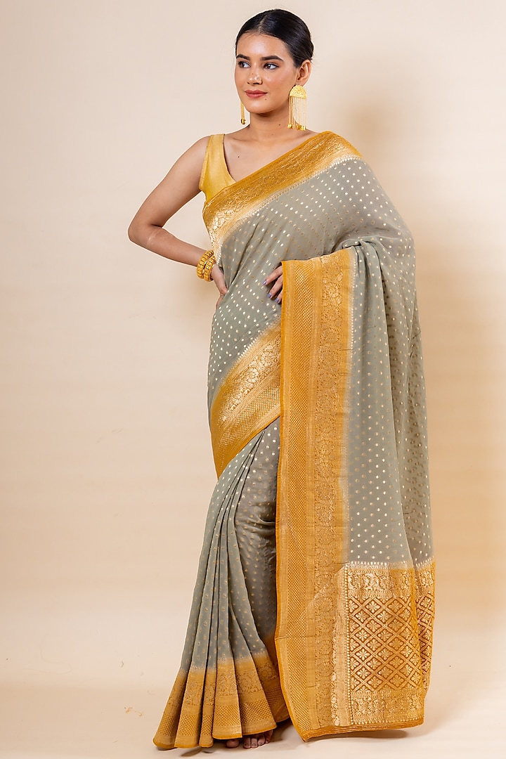 Ash Grey Georgette Embroidered Saree Set by Taba Kashi By Artika Shah