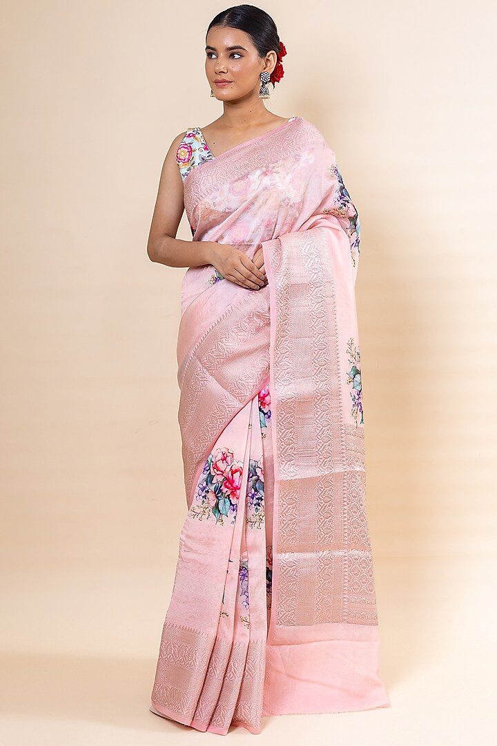 Pink Purna Silk Floral Printed Saree Set by Taba Kashi By Artika Shah