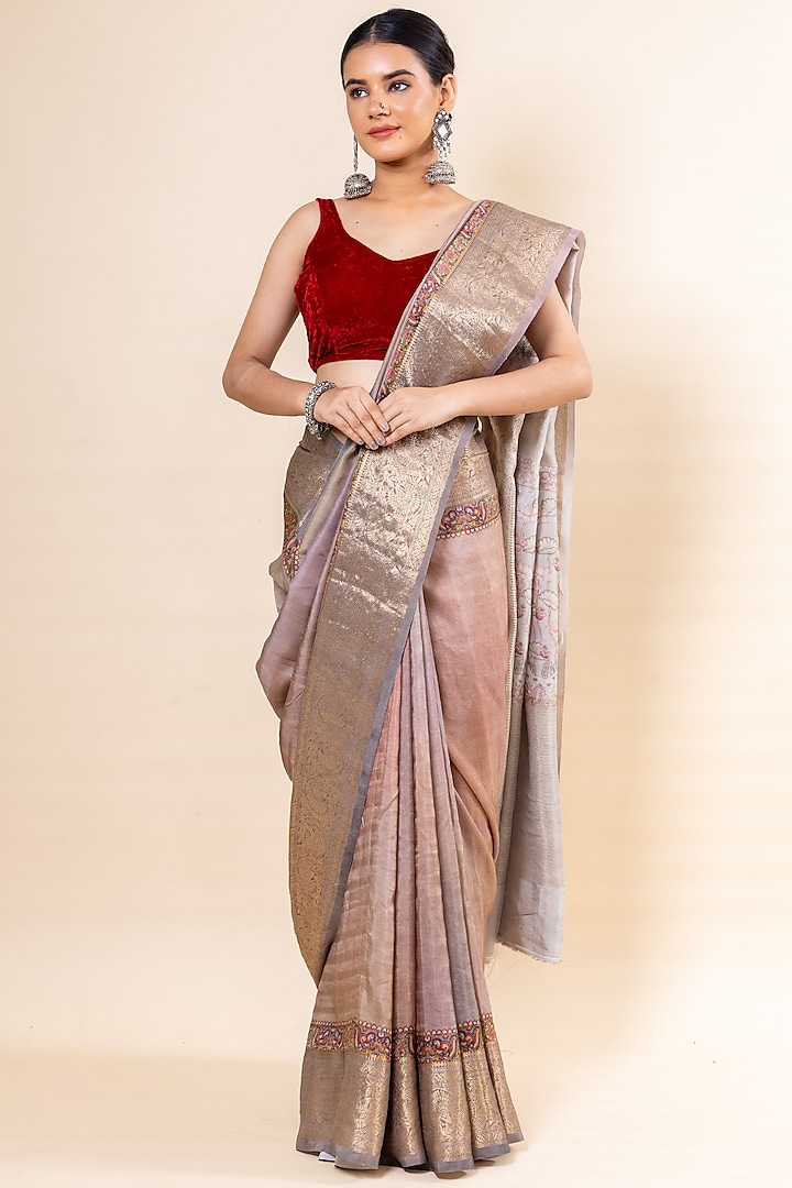 Grey Russian Silk Printed Saree Set by Taba Kashi By Artika Shah