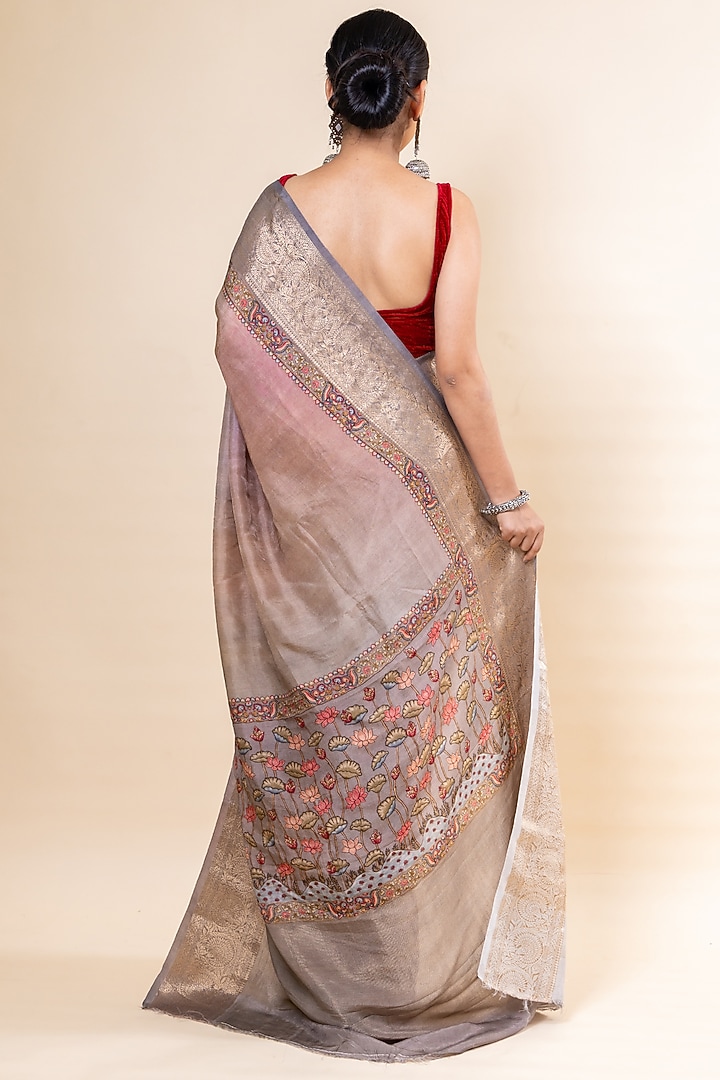 Grey Russian Silk Printed Festive Saree Set by Taba Kashi By Artika Shah at Pernia's Pop Up Shop