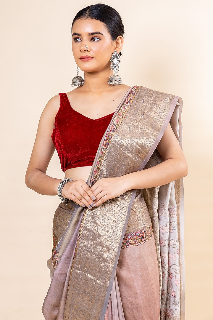 Grey Russian Silk Printed Festive Saree Set by Taba Kashi By Artika Shah at Pernia's Pop Up Shop