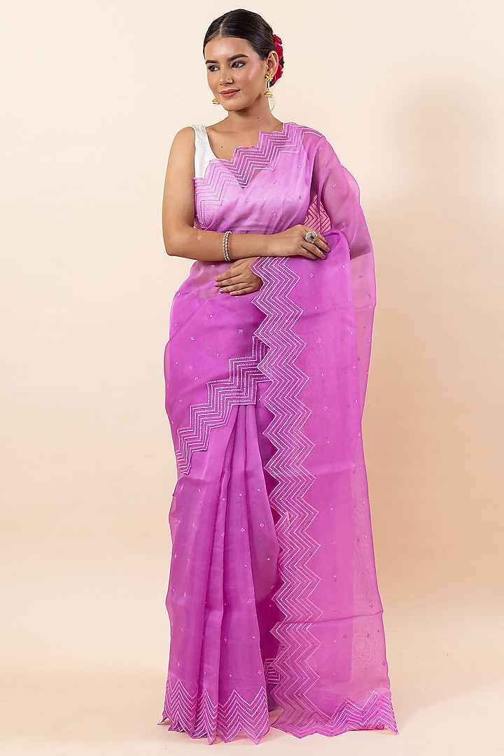 Lavender Kora Embroidered Saree Set by Taba Kashi By Artika Shah at Pernia's Pop Up Shop