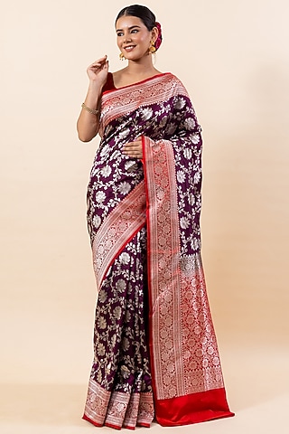 Wine Katan Silk Saree Set by Taba Kashi By Artika Shah