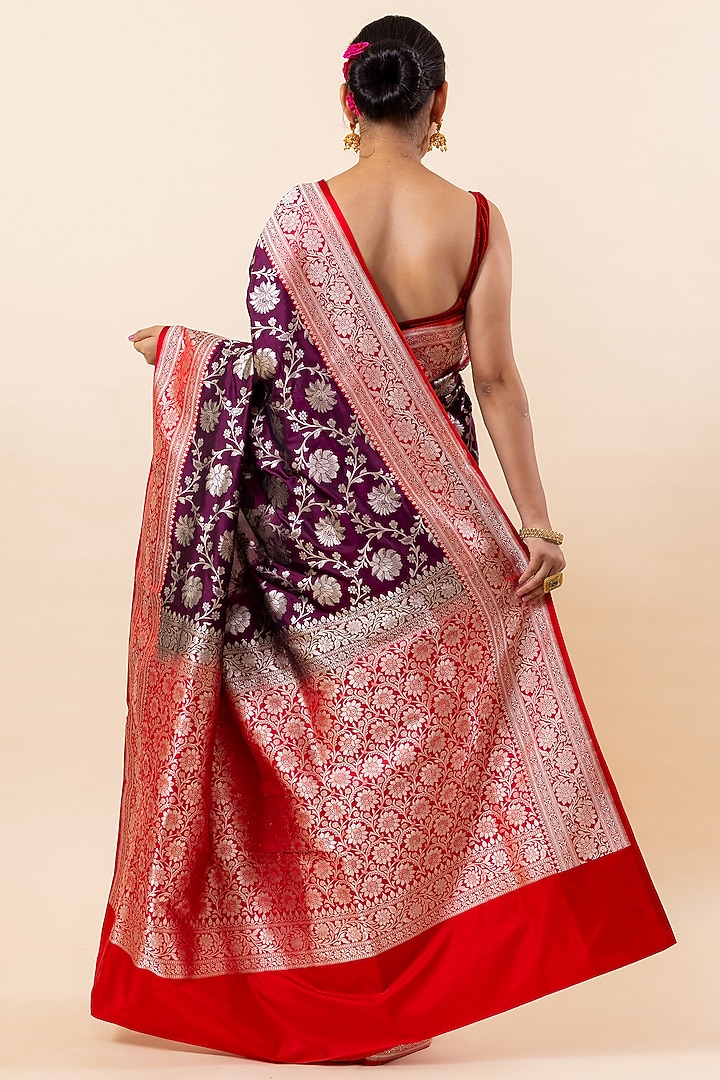 Wine Katan Silk Wedding Saree Set by Taba Kashi By Artika Shah at Pernia's Pop Up Shop