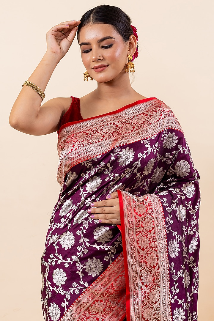 Wine Katan Silk Wedding Saree Set by Taba Kashi By Artika Shah at Pernia's Pop Up Shop