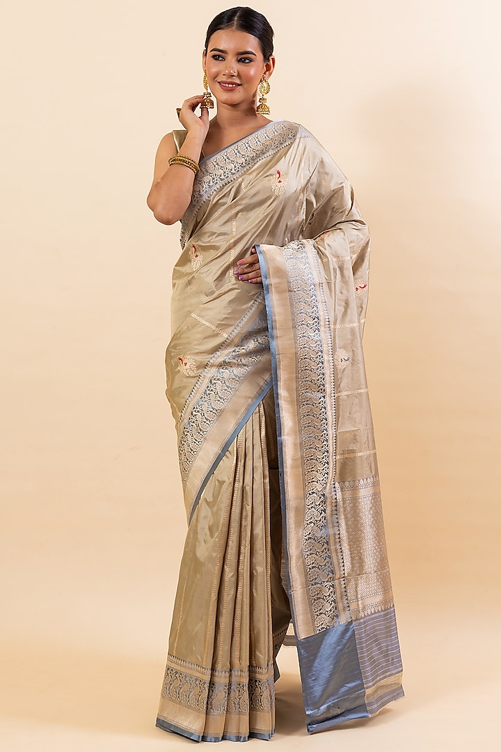 Beige Katan Silk Handloom Saree Set by Taba Kashi By Artika Shah at Pernia's Pop Up Shop