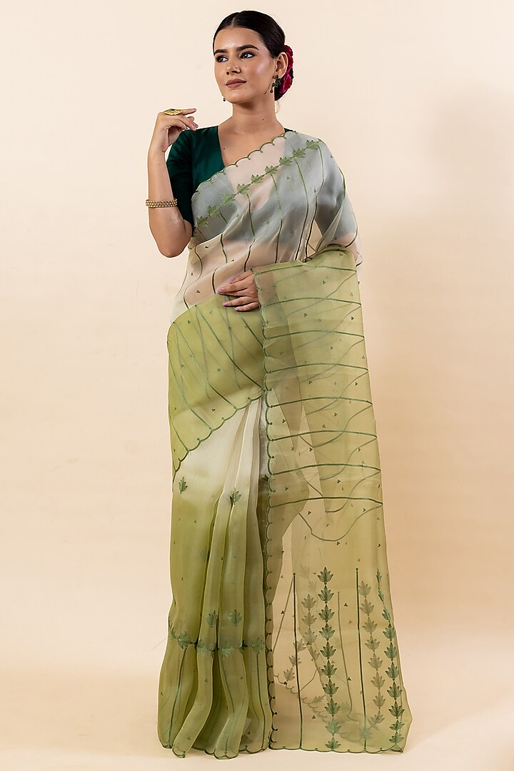 Pista Green Kora Saree Set by Taba Kashi By Artika Shah