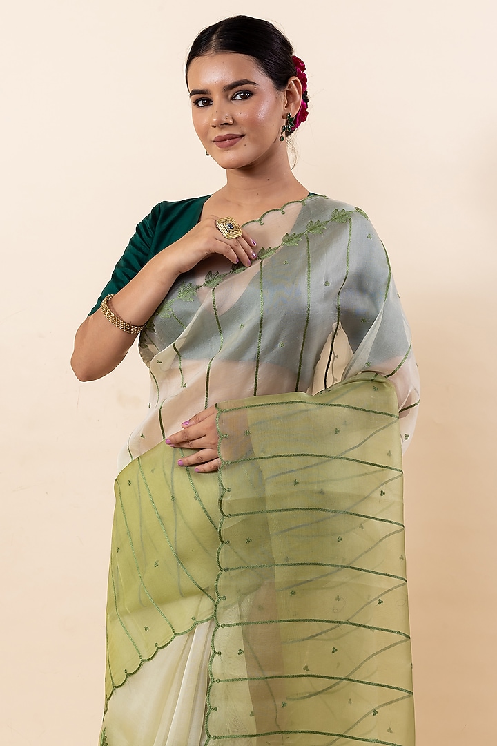 Pista Green Kora Festive Saree Set by Taba Kashi By Artika Shah at Pernia's Pop Up Shop