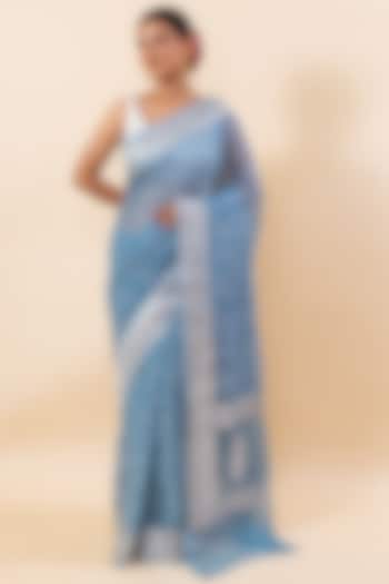 Blue Chiffon Embroidered Saree Set by Taba Kashi By Artika Shah