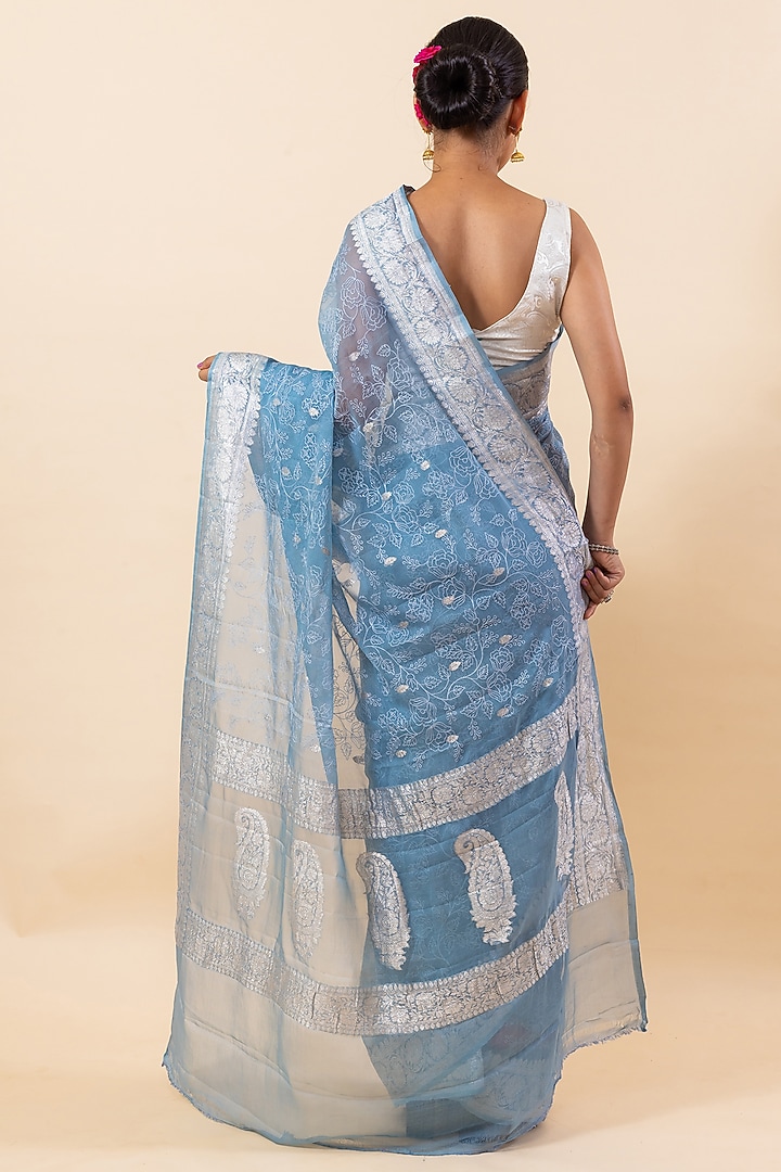 Blue Chiffon Embroidered Party Wear Saree Set by Taba Kashi By Artika Shah at Pernia's Pop Up Shop