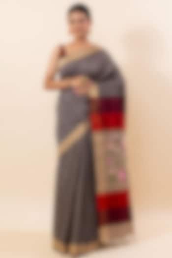 Ash Grey Tussar Embroidered Saree Set by Taba Kashi By Artika Shah