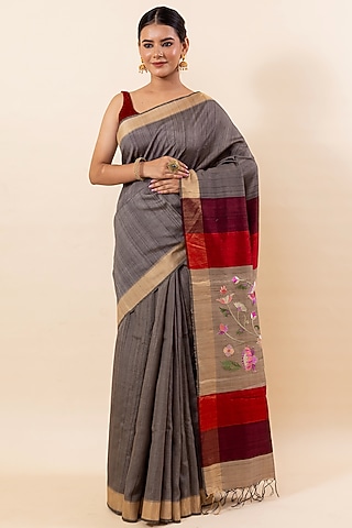 Ash Grey Tussar Embroidered Saree Set by Taba Kashi By Artika Shah