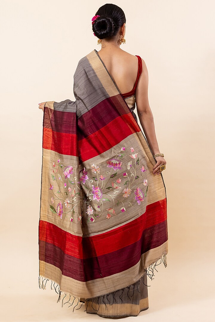 Ash Grey Tussar Embroidered Party Wear Saree Set by Taba Kashi By Artika Shah at Pernia's Pop Up Shop
