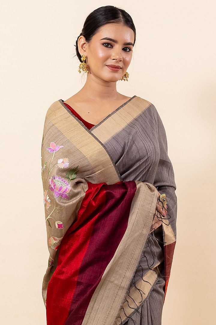 Ash Grey Tussar Embroidered Party Wear Saree Set by Taba Kashi By Artika Shah at Pernia's Pop Up Shop