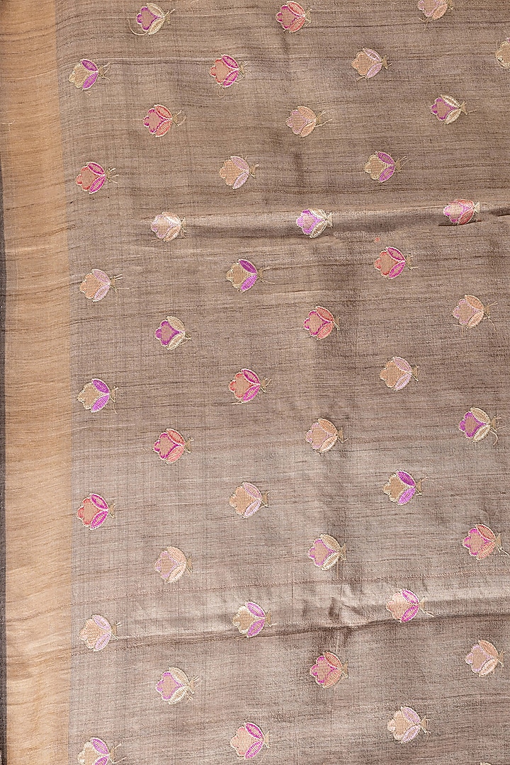 Ash Grey Tussar Embroidered Party Wear Saree Set by Taba Kashi By Artika Shah at Pernia's Pop Up Shop