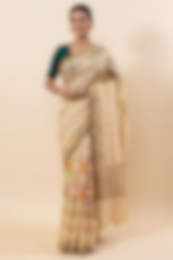 Dark Beige Chiniya Silk Digital Printed Saree Set by Taba Kashi By Artika Shah