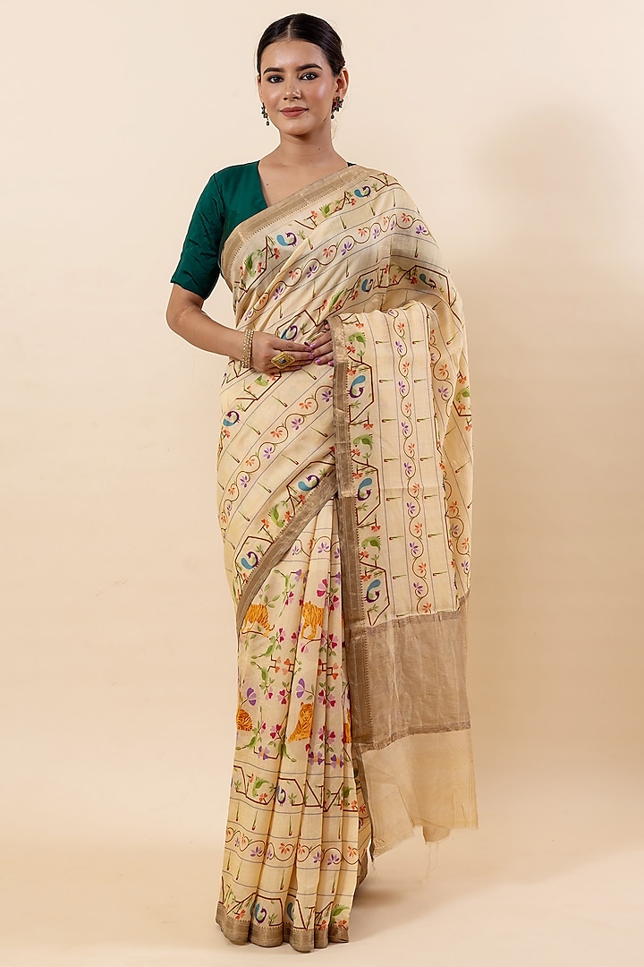 Dark Beige Chiniya Silk Digital Printed Saree Set by Taba Kashi By Artika Shah