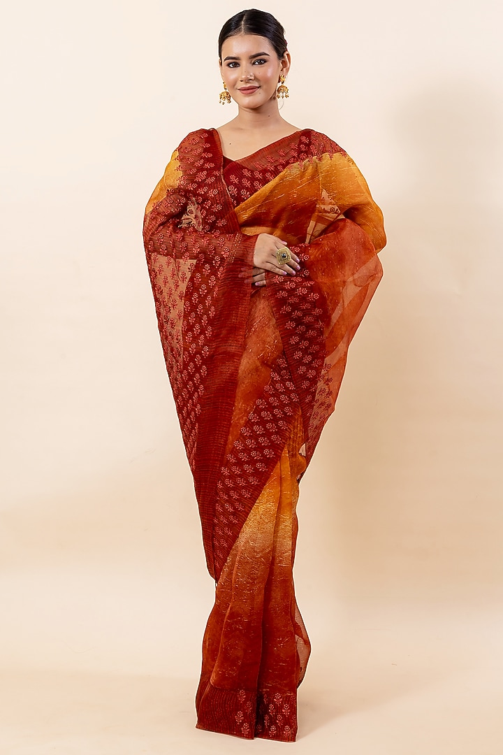Rust Kora Silk Festive Saree Set by Taba Kashi By Artika Shah at Pernia's Pop Up Shop