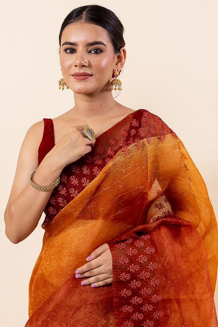 Rust Kora Silk Festive Saree Set by Taba Kashi By Artika Shah at Pernia's Pop Up Shop