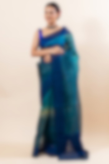 Turquoise Shaded Kora Silk Saree Set by Taba Kashi By Artika Shah