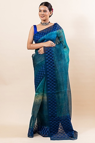 Turquoise Shaded Kora Silk Saree Set by Taba Kashi By Artika Shah