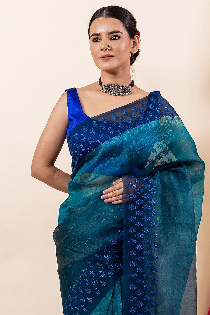 Turquoise Shaded Kora Silk Festive Saree Set by Taba Kashi By Artika Shah at Pernia's Pop Up Shop