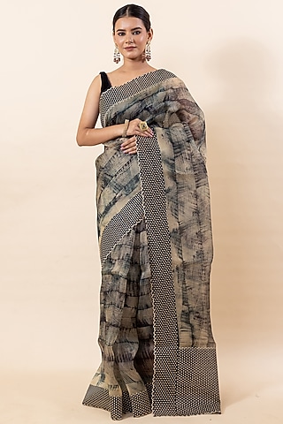 Beige & Grey Kora Silk Saree Set by Taba Kashi By Artika Shah