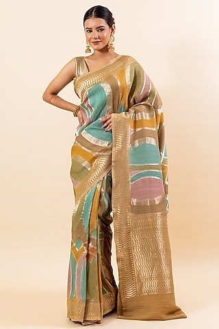 Multi-Colored Tussar Silk Dyed Saree Set by Taba Kashi By Artika Shah