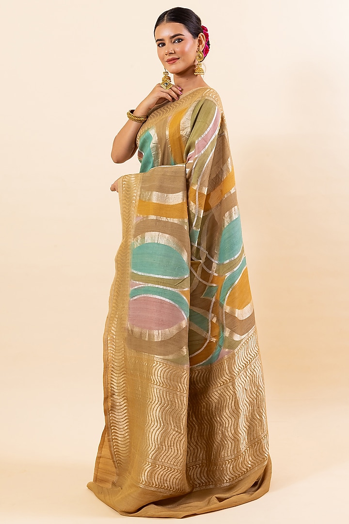 Multi-Colored Tussar Silk Dyed Wedding Saree Set by Taba Kashi By Artika Shah at Pernia's Pop Up Shop
