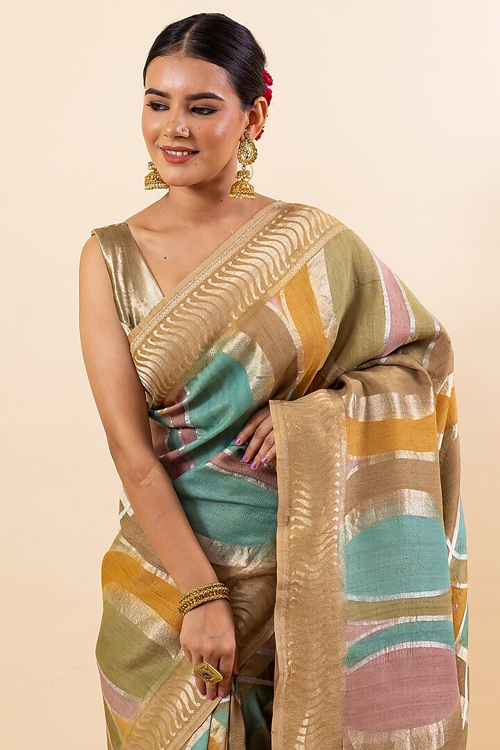 Multi-Colored Tussar Silk Dyed Wedding Saree Set by Taba Kashi By Artika Shah at Pernia's Pop Up Shop