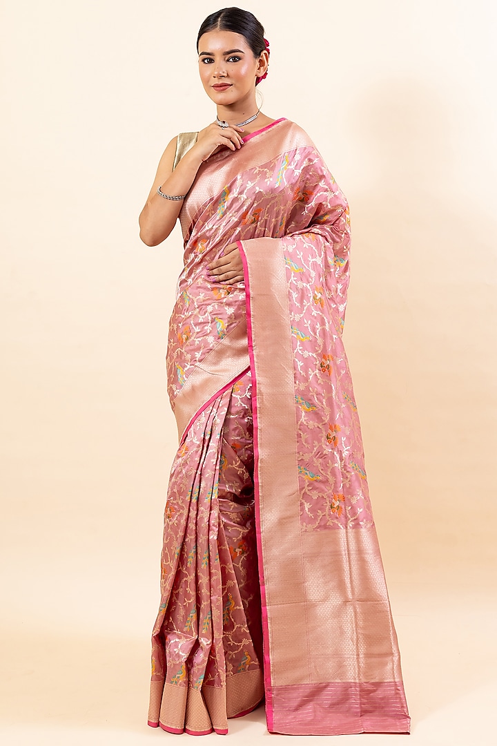 Pink Katan Silk Handloom Saree Set by Taba Kashi By Artika Shah