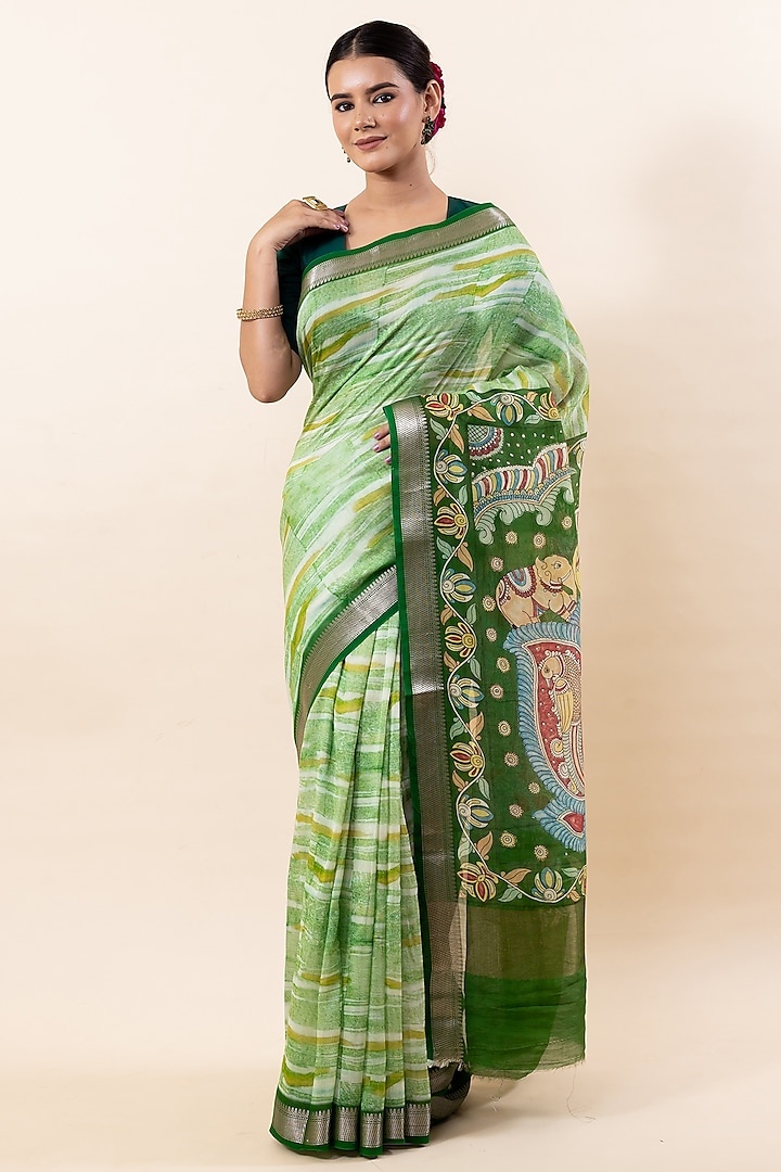 Light Green Chanderi Silk Digital Printed Saree Set by Taba Kashi By Artika Shah