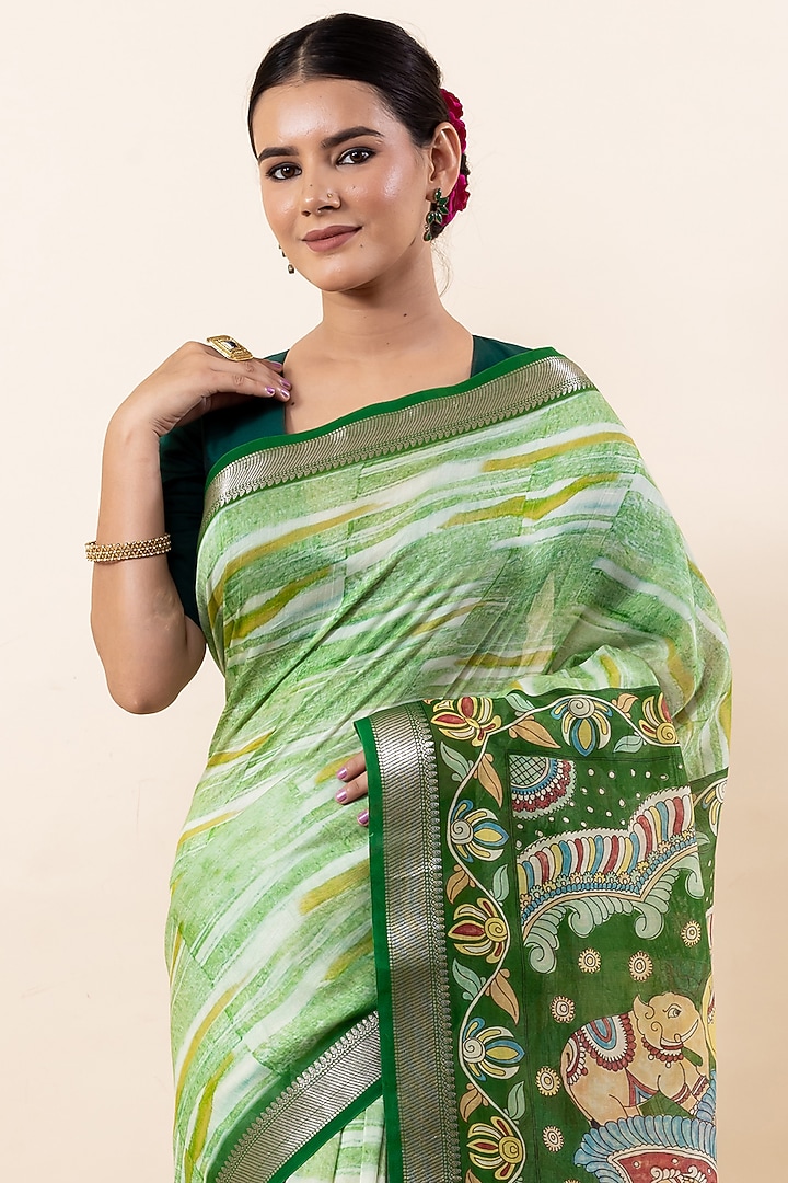 Light Green Chanderi Silk Digital Printed Festive Saree Set by Taba Kashi By Artika Shah at Pernia's Pop Up Shop