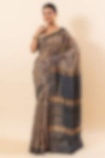 Dark Grey & Brown Pure Tussar Digital Printed Saree Set by Taba Kashi By Artika Shah at Pernia's Pop Up Shop