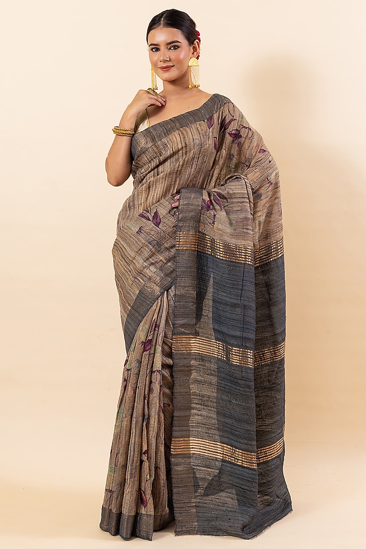 Dark Grey & Brown Pure Tussar Digital Printed Saree Set by Taba Kashi By Artika Shah at Pernia's Pop Up Shop