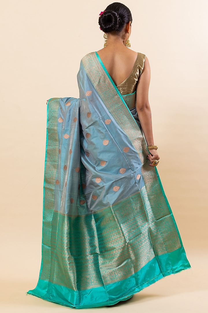 Grey Katan Silk Handloom Party Wear Saree Set by Taba Kashi By Artika Shah at Pernia's Pop Up Shop