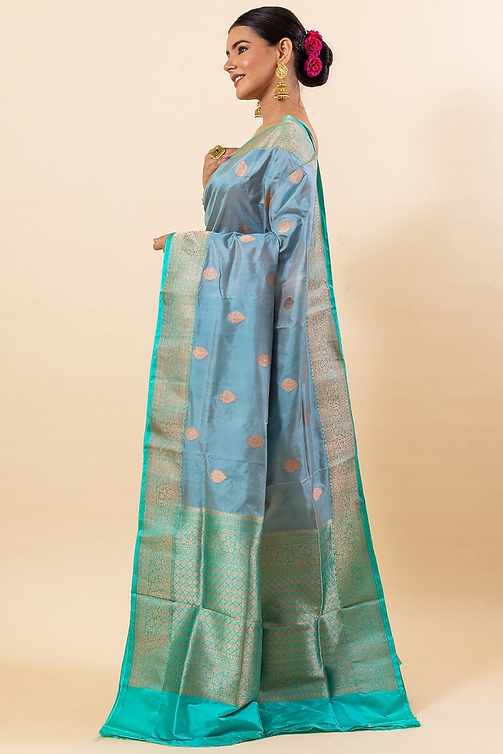 Grey Katan Silk Handloom Party Wear Saree Set by Taba Kashi By Artika Shah at Pernia's Pop Up Shop