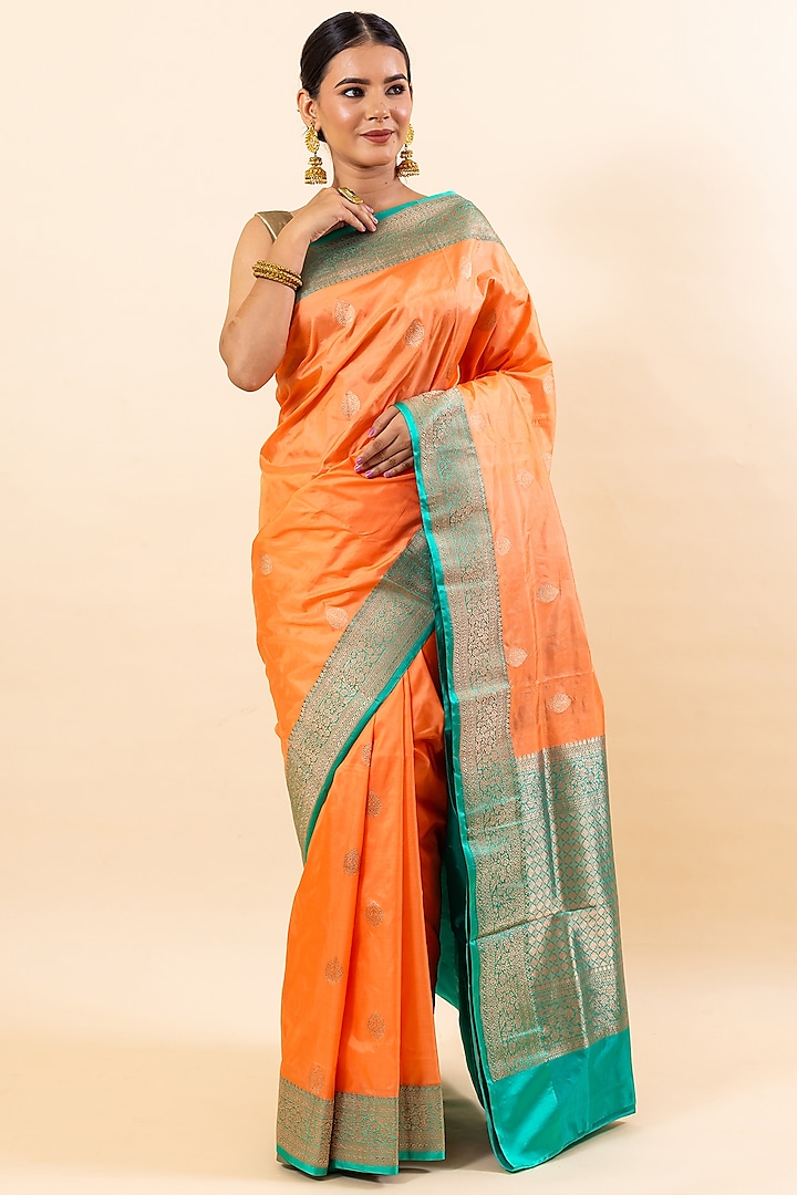 Orange Katan Silk Handloom Saree Set by Taba Kashi By Artika Shah