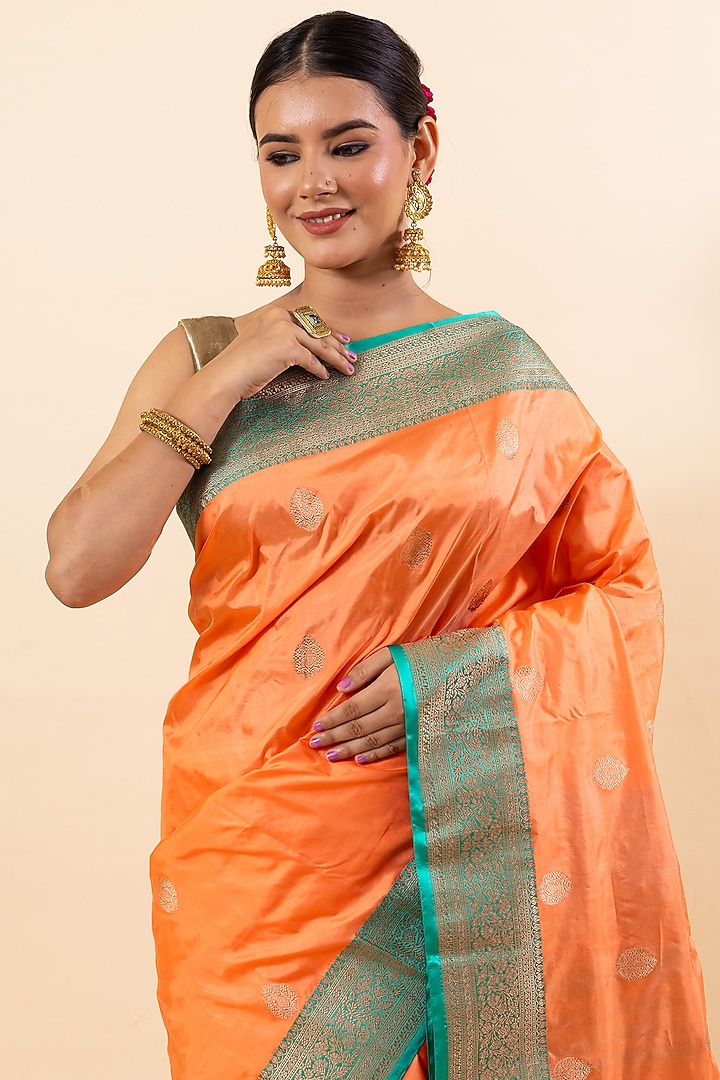 Orange Katan Silk Handloom Party Wear Saree Set by Taba Kashi By Artika Shah at Pernia's Pop Up Shop