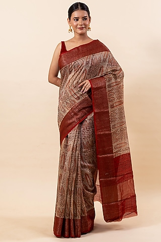 Maroon & Dark Beige Chanderi Silk Saree Set by Taba Kashi By Artika Shah