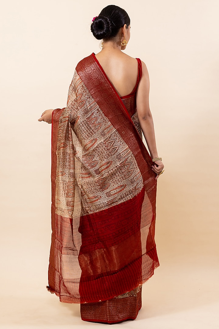 Maroon & Dark Beige Chanderi Silk Festive Saree Set by Taba Kashi By Artika Shah at Pernia's Pop Up Shop