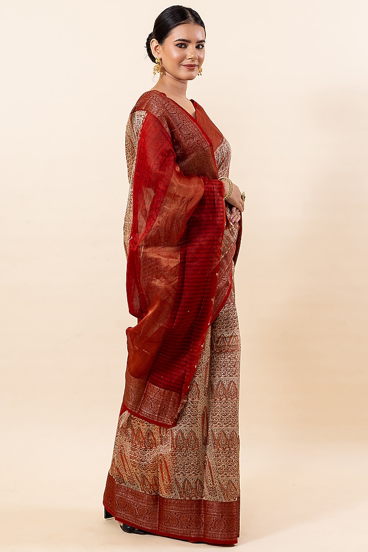 Maroon & Dark Beige Chanderi Silk Festive Saree Set by Taba Kashi By Artika Shah at Pernia's Pop Up Shop