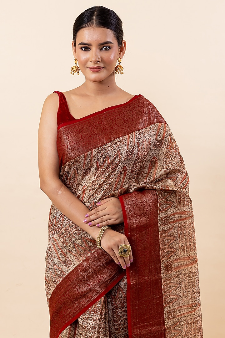 Maroon & Dark Beige Chanderi Silk Festive Saree Set by Taba Kashi By Artika Shah at Pernia's Pop Up Shop