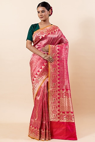 Rani Pink Katan Silk Handloom Saree Set by Taba Kashi By Artika Shah