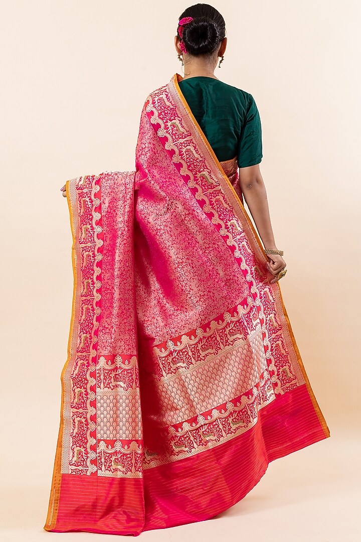 Rani Pink Katan Silk Handloom Wedding Saree Set by Taba Kashi By Artika Shah at Pernia's Pop Up Shop