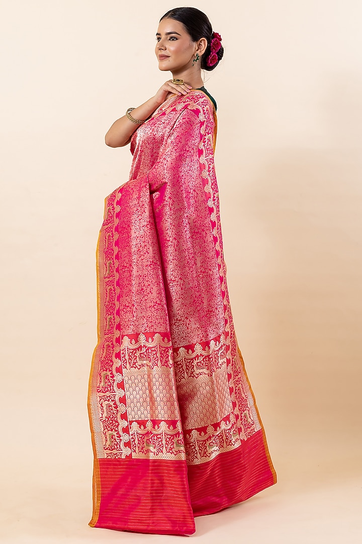 Rani Pink Katan Silk Handloom Wedding Saree Set by Taba Kashi By Artika Shah at Pernia's Pop Up Shop