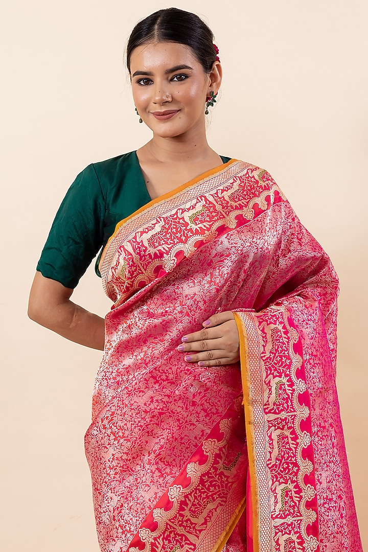Rani Pink Katan Silk Handloom Wedding Saree Set by Taba Kashi By Artika Shah at Pernia's Pop Up Shop