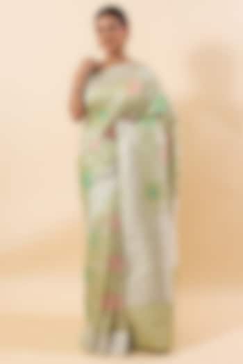 Light Pista Green Pure Tussar Silk Embroidered Saree Set by Taba Kashi By Artika Shah
