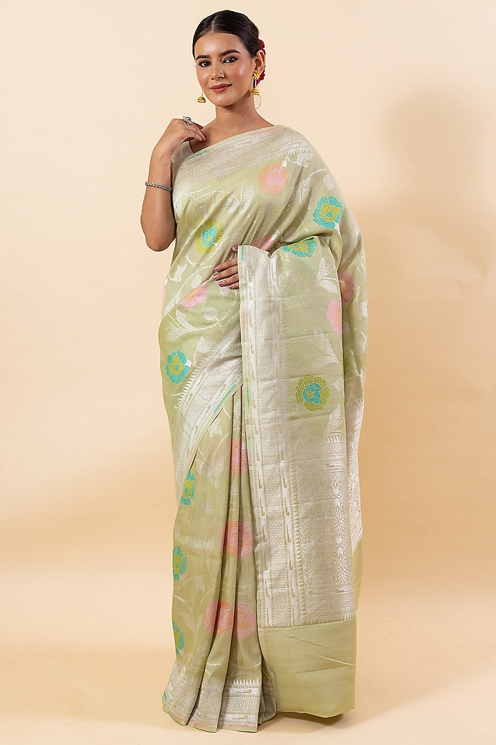 Light Pista Green Pure Tussar Silk Embroidered Saree Set by Taba Kashi By Artika Shah